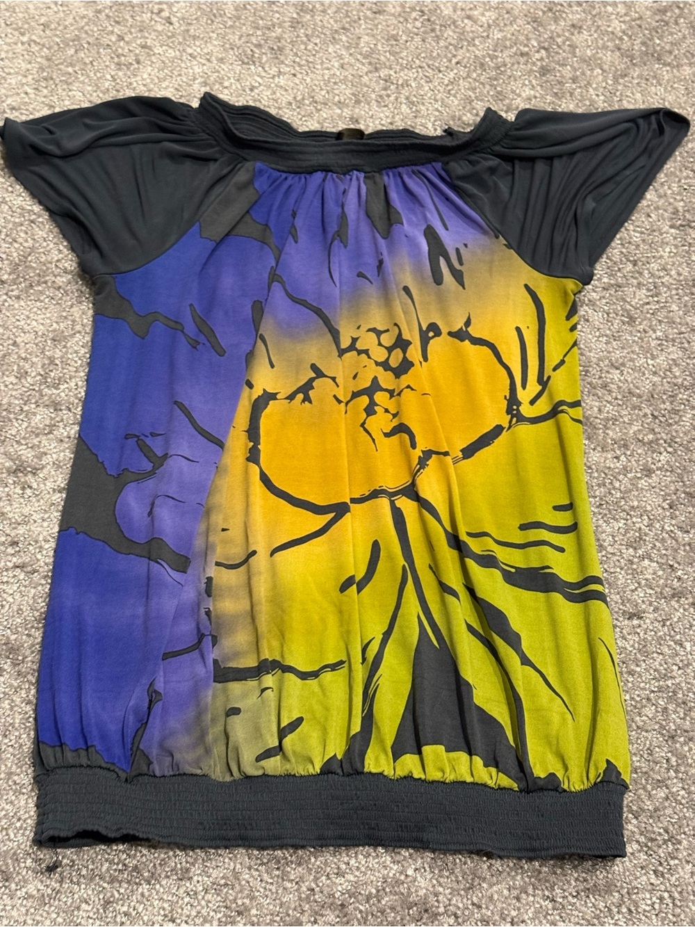 The Limited Purple and Yellow Gradient Floral Short Sleeve Top